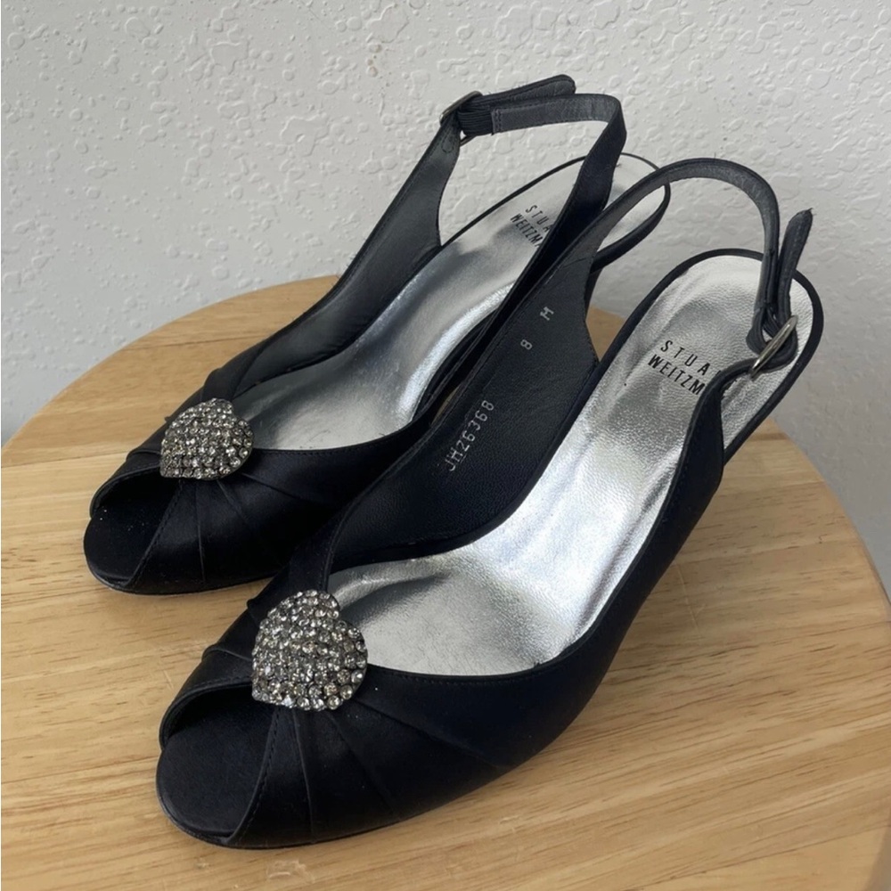 Stuart Weitzman Black Slingback Heels with Silver Embellishment size 8